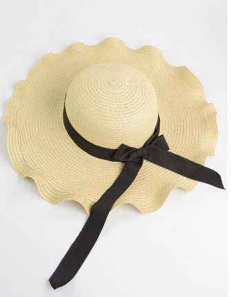 Wave Shape Bow Knot Straw Hat - Off-white